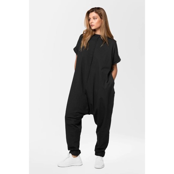 MDNT:45 Black Short Sleeve Relaxed Fit Geometric Cotton Jumpsuit sz S